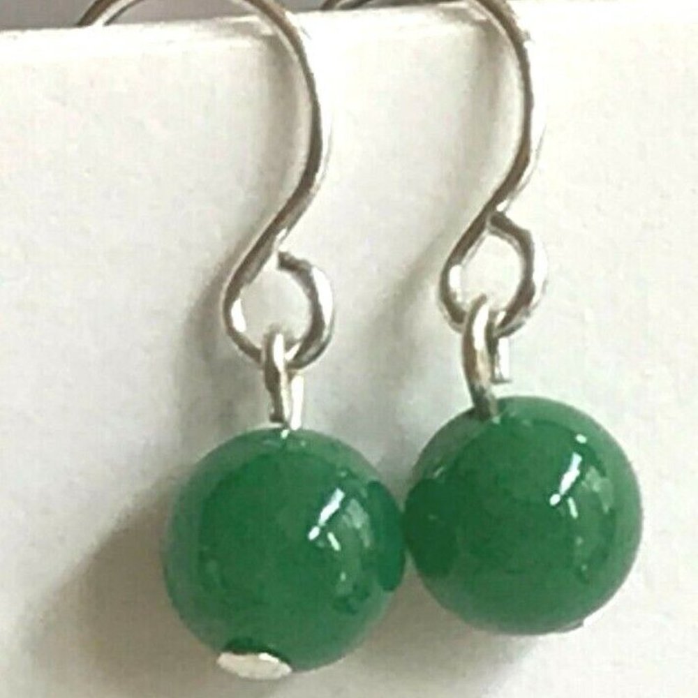 Silver Green Jade Earrings Beads Genuine Stone Semi Precious Dainty Plated